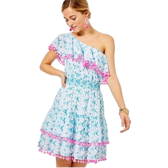 Lilly Pulitzer Dresses & Skirts - 🎠Lilly Pulitzer Embroidered Fabric Addilyn one shoulder eyelet Pom Pom dress S